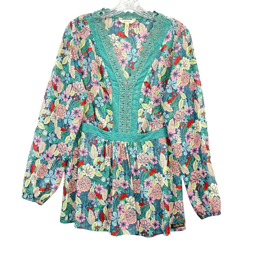 Matilda Jane Women's Floral Print Long Sleeve Blouse Lace Trim Peasant‎ V Neck L